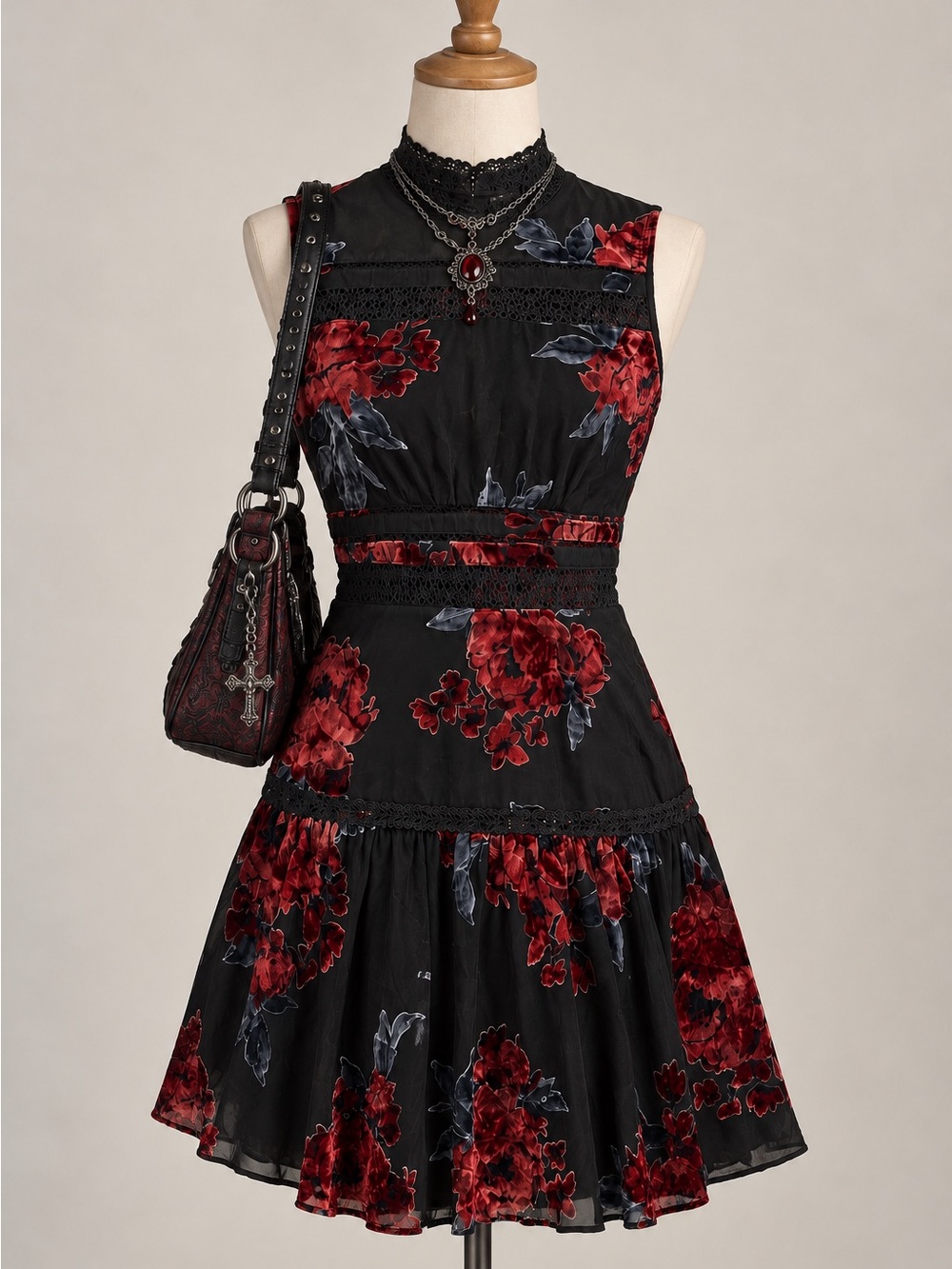Gianni Bini Velvet Burnout Mock Neck Dark Floral Dress Dark Romance Whimsygoth